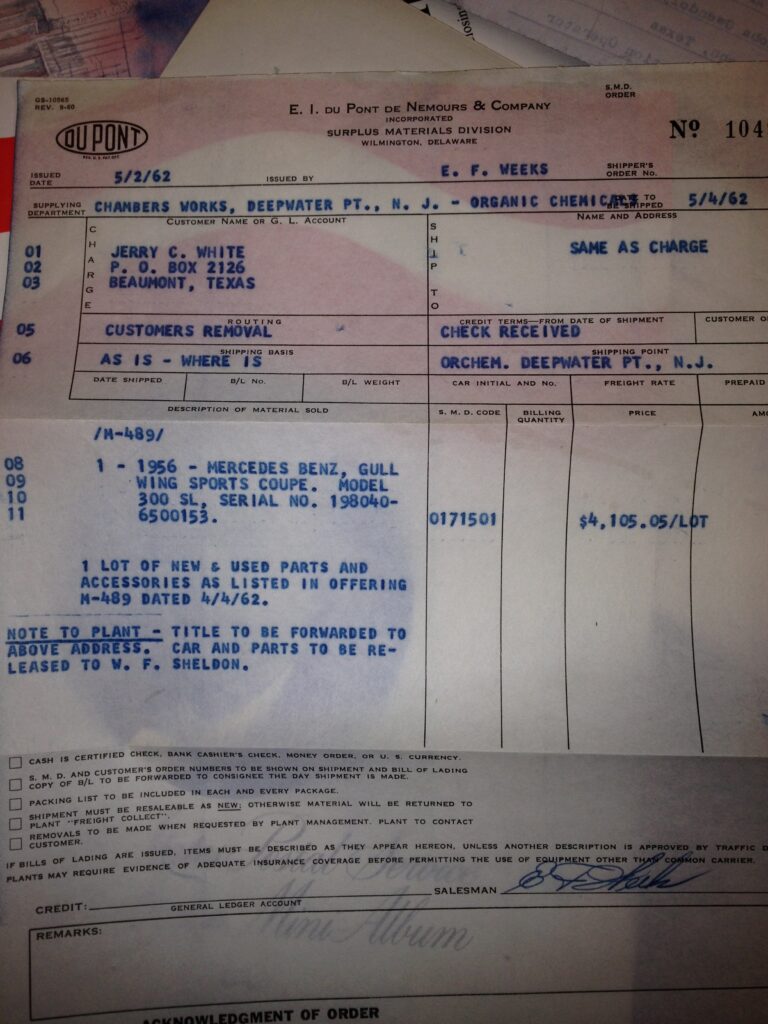 Bill of Sale form Du Pont to my dad for his Gull Wing